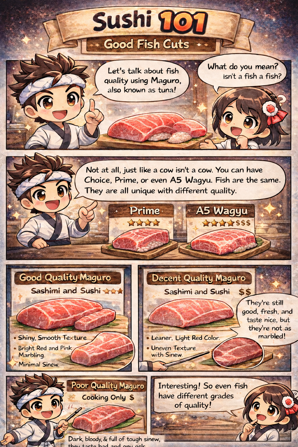 Fish quality comparison showing good, bad, and poor cuts